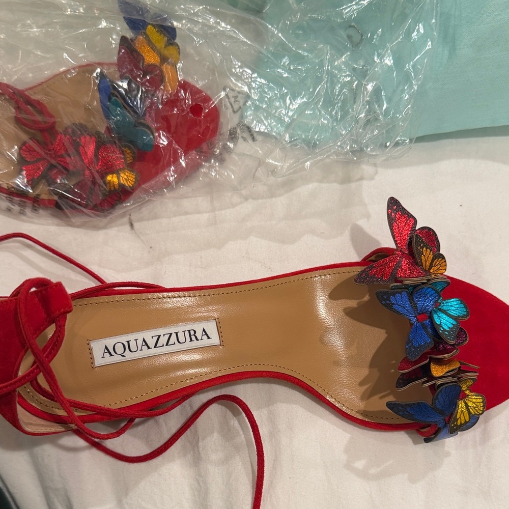 Aquazzura Red Block-Heel Sandals with Multicolor Butterfly Accents